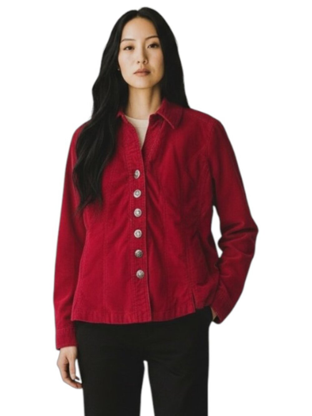 A.M.I. Red Corduroy Fitted Y2K Jacket Metal Buttons Military Inspired Size L